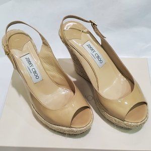 Jimmy Choo Polar nude beige patent leather wedge sandals espadrilles size 38